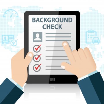 Cartoon hand on cartoon tablet looking at background check